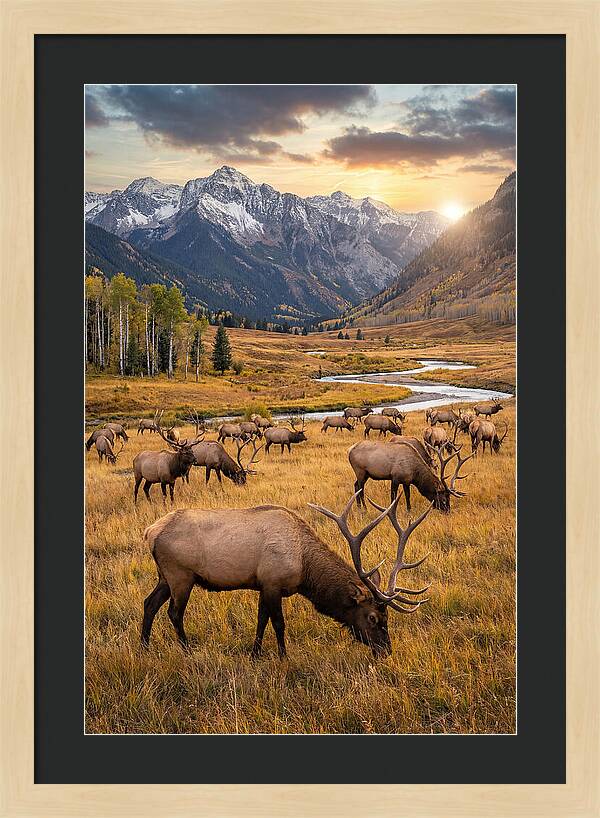 Elk Herd Grazing At Sunset