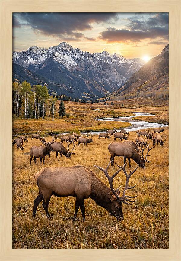Elk Herd Grazing At Sunset