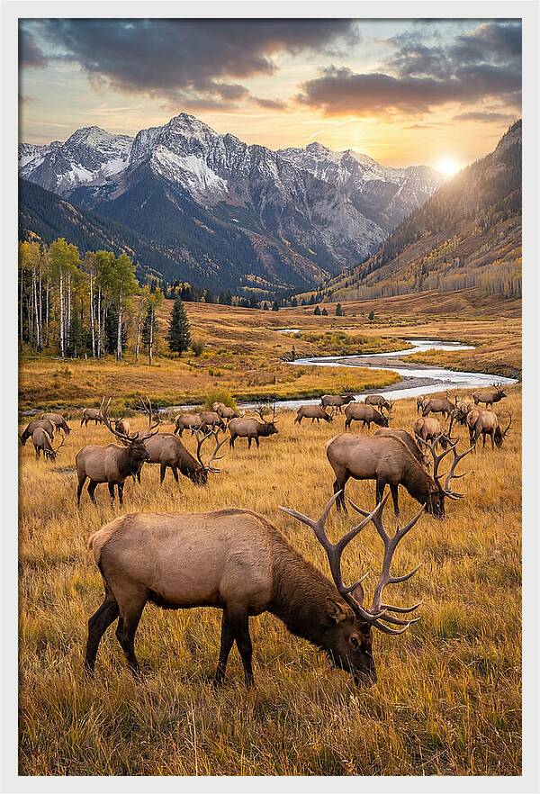 Elk Herd Grazing At Sunset