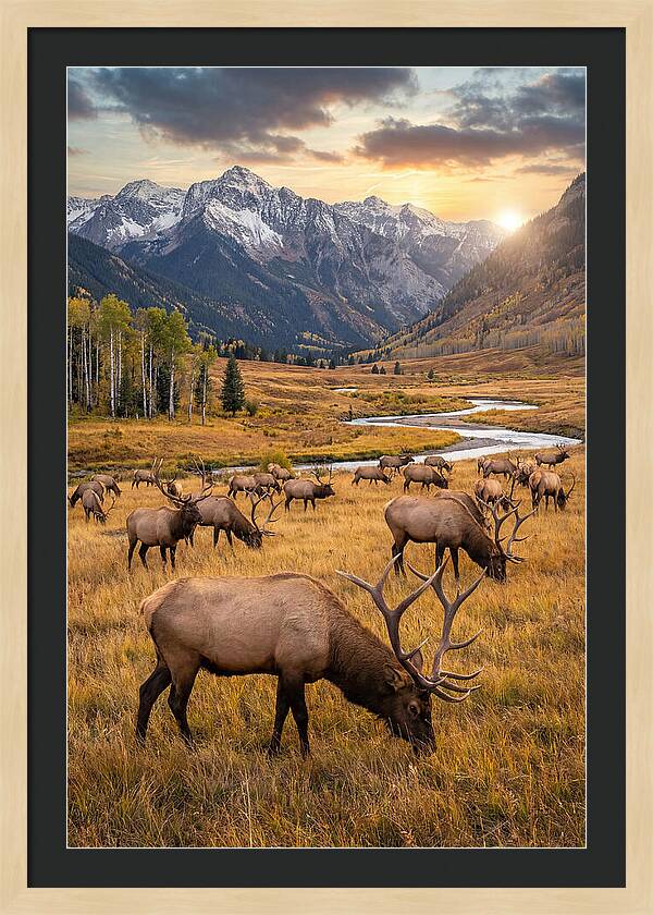 Elk Herd Grazing At Sunset