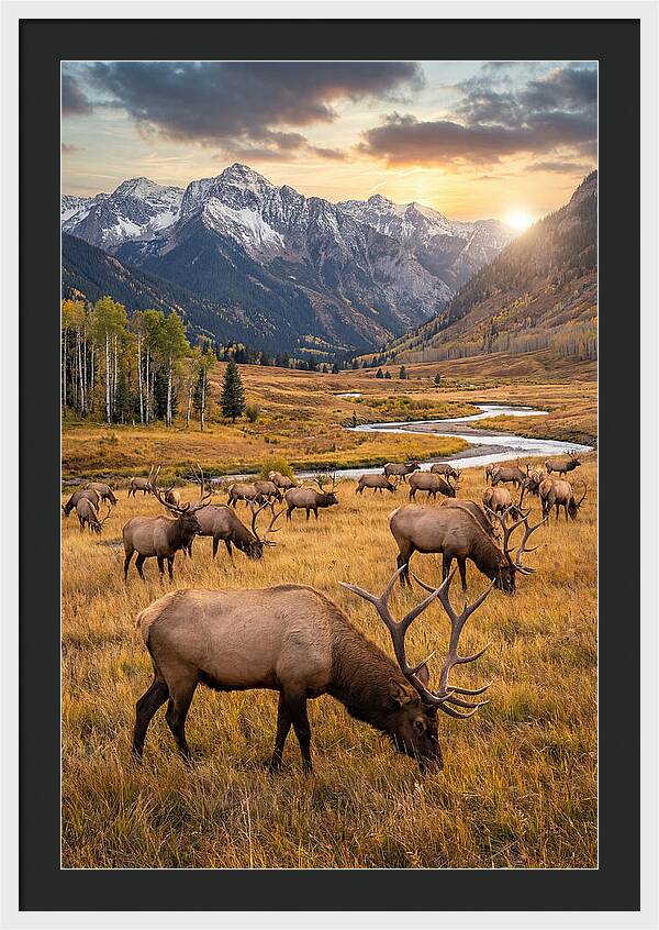 Elk Herd Grazing At Sunset