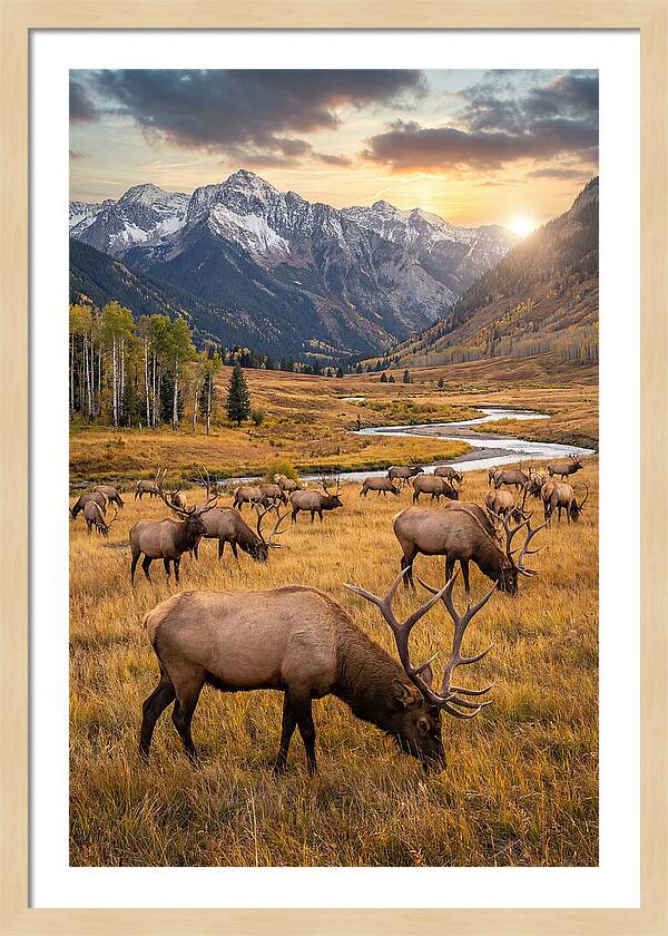 Elk Herd Grazing At Sunset