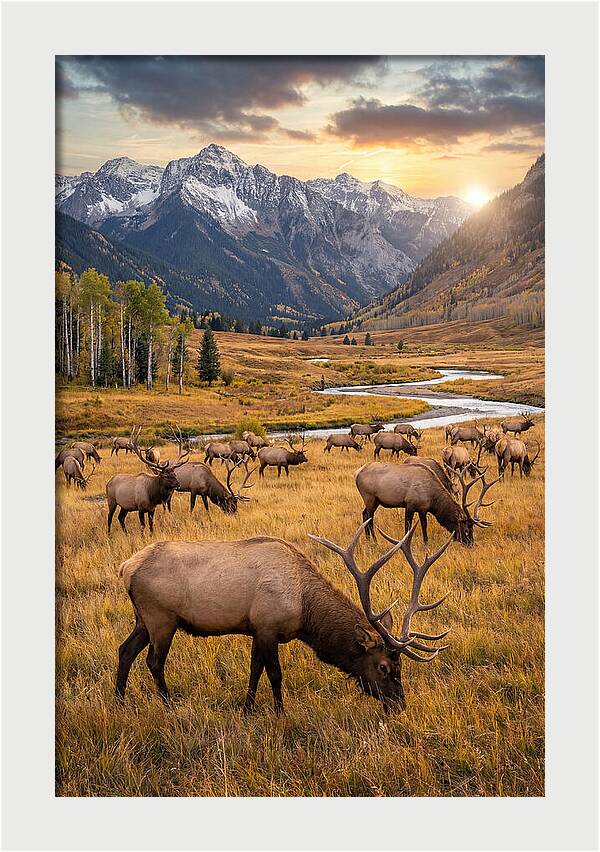 Elk Herd Grazing At Sunset