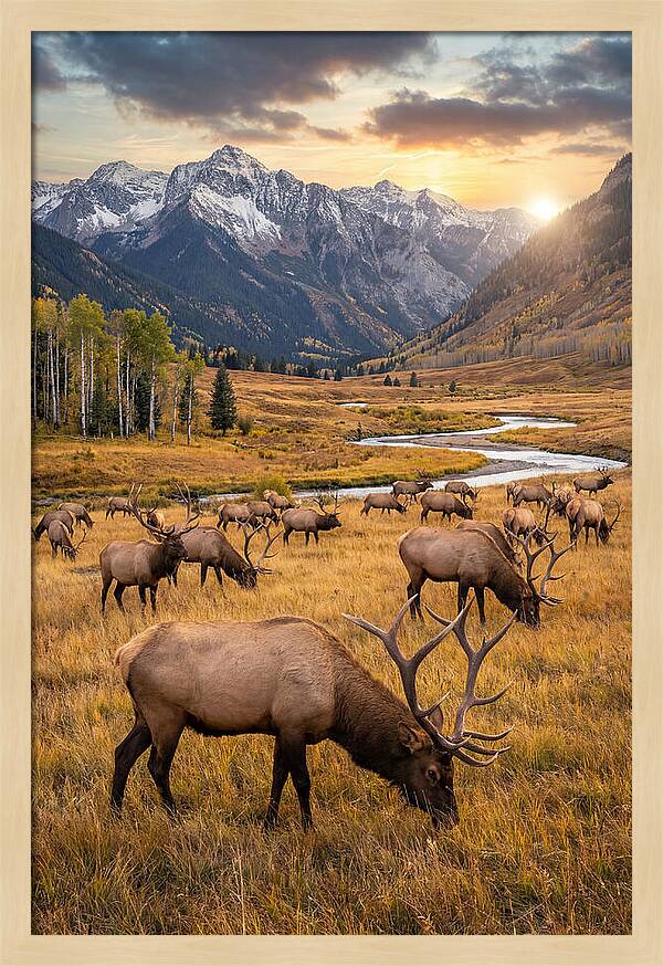 Elk Herd Grazing At Sunset
