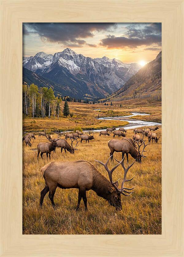 Elk Herd Grazing At Sunset