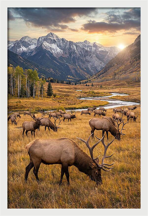 Elk Herd Grazing At Sunset