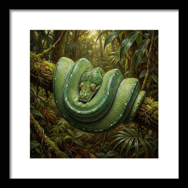Emerald Python Coiled In Jungle