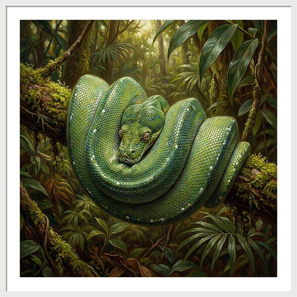 Emerald Python Coiled In Jungle
