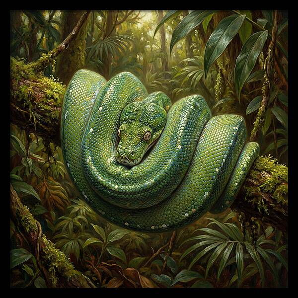 Emerald Python Coiled In Jungle