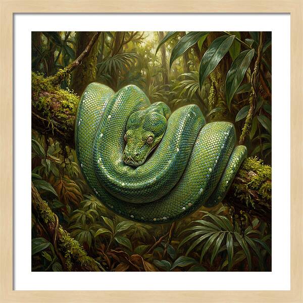 Emerald Python Coiled In Jungle