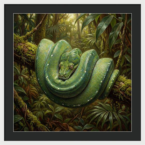 Emerald Python Coiled In Jungle