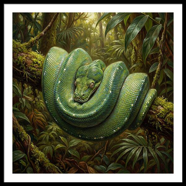 Emerald Python Coiled In Jungle