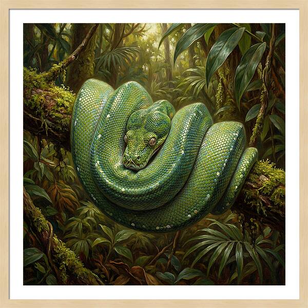 Emerald Python Coiled In Jungle