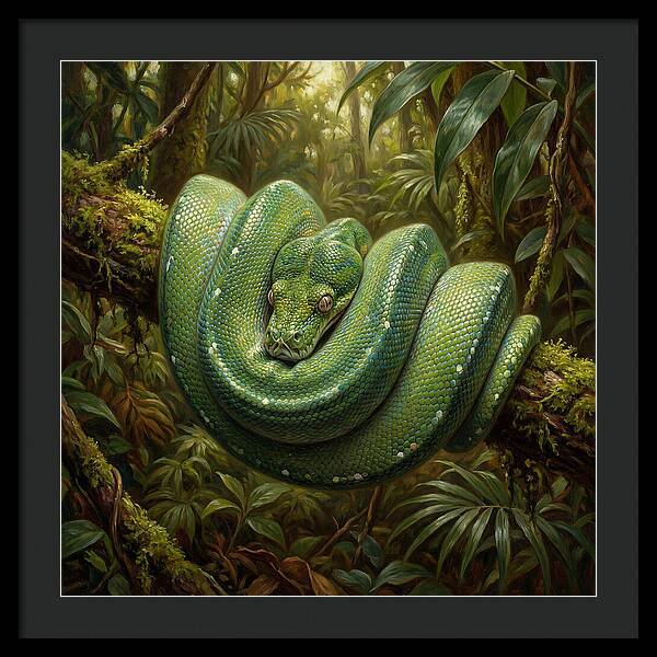 Emerald Python Coiled In Jungle