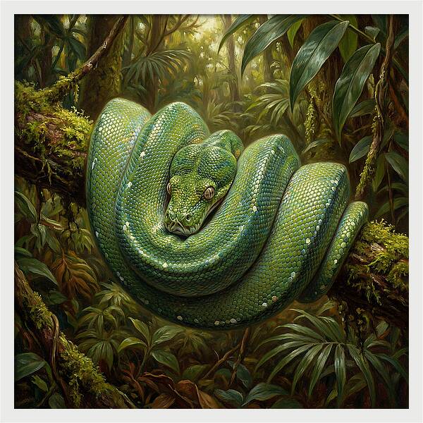 Emerald Python Coiled In Jungle