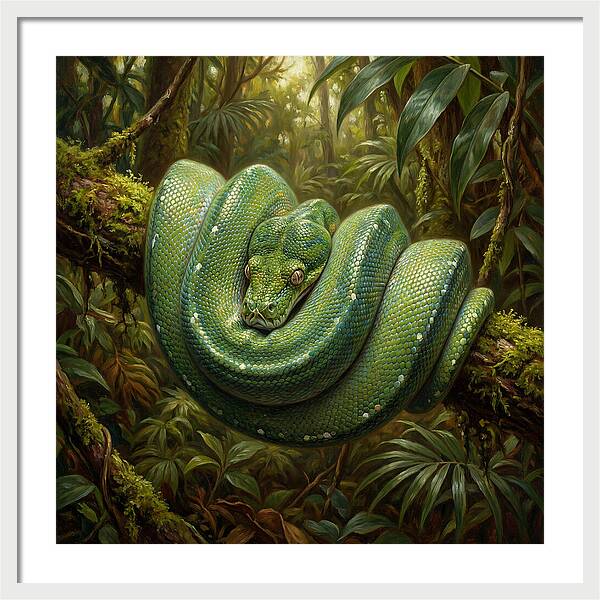 Emerald Python Coiled In Jungle