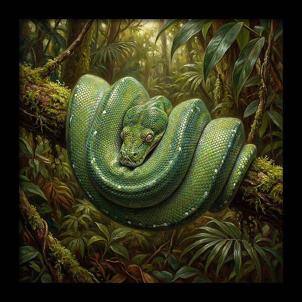 Emerald Python Coiled In Jungle