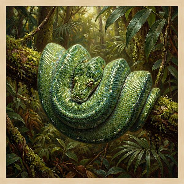 Emerald Python Coiled In Jungle