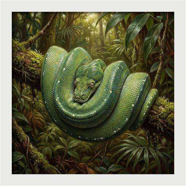 Emerald Python Coiled In Jungle