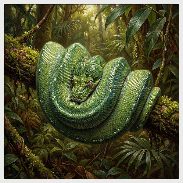 Emerald Python Coiled In Jungle