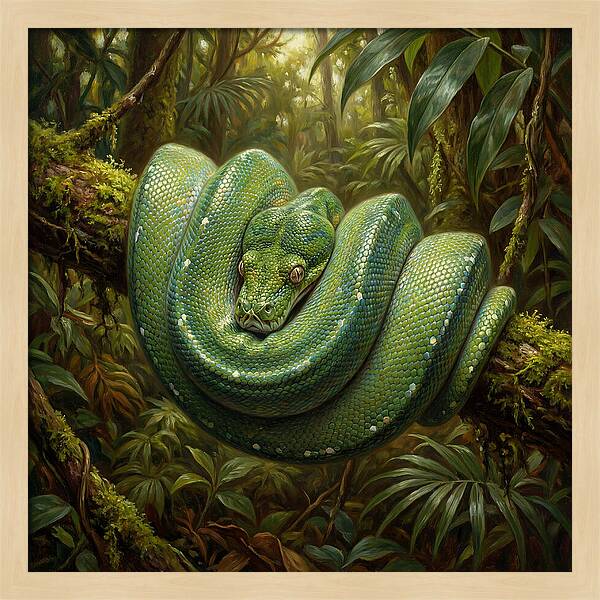 Emerald Python Coiled In Jungle