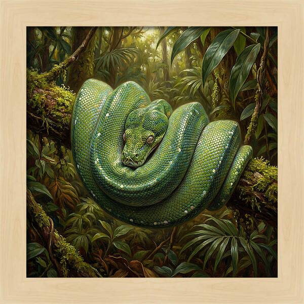 Emerald Python Coiled In Jungle