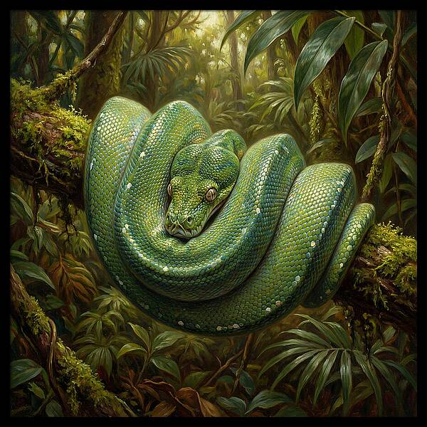 Emerald Python Coiled In Jungle