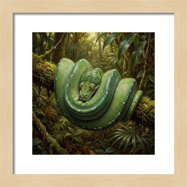 Emerald Python Coiled In Jungle