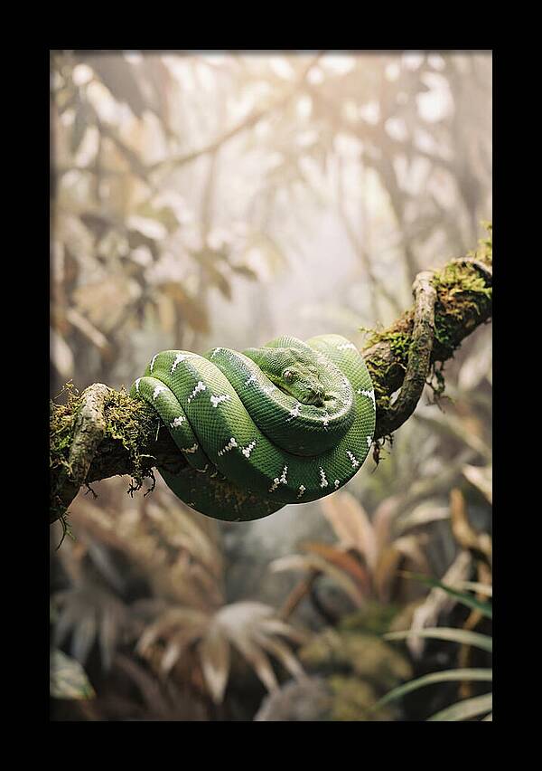 Emerald Tree Boa Coiled On Branch