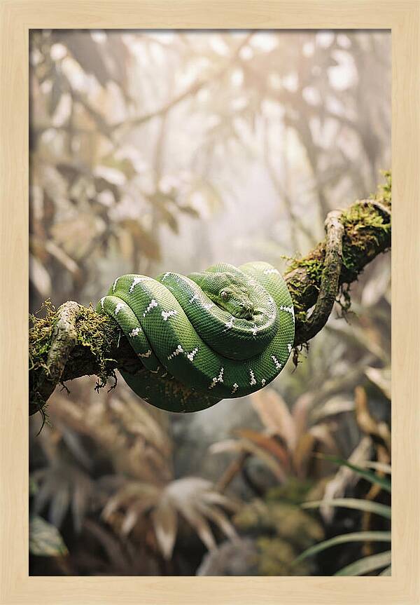Emerald Tree Boa Coiled On Branch