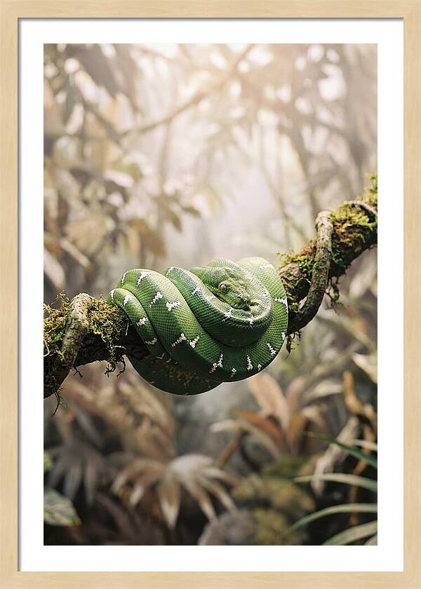 Emerald Tree Boa Coiled On Branch