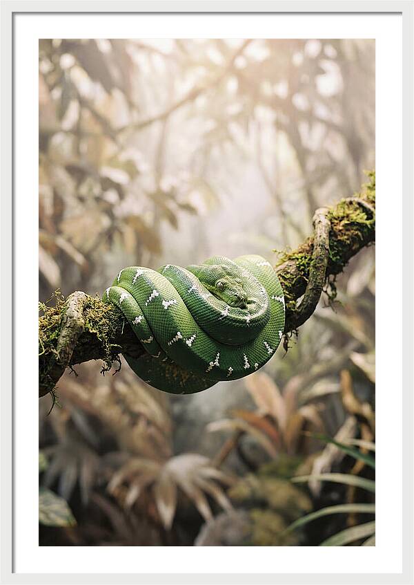 Emerald Tree Boa Coiled On Branch