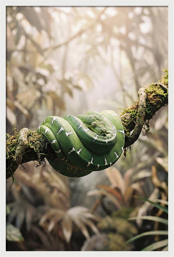Emerald Tree Boa Coiled On Branch