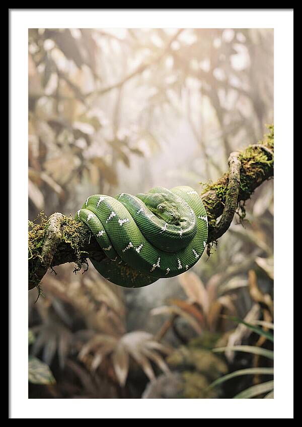 Emerald Tree Boa Coiled On Branch