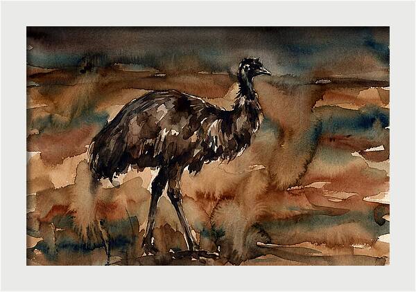 Emu In Watercolor Landscape