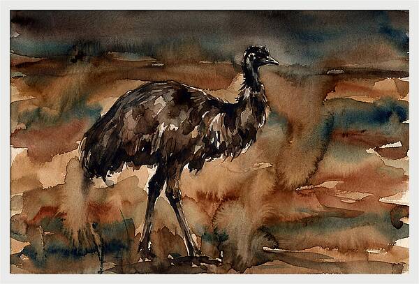 Emu In Watercolor Landscape