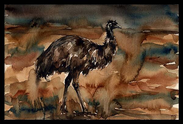 Emu In Watercolor Landscape