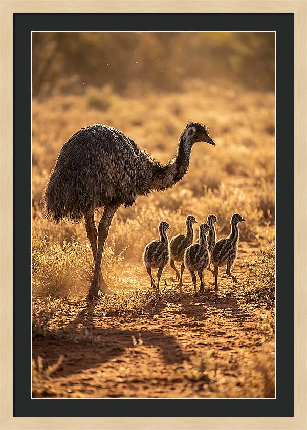 Emu With Chicks Walking Together