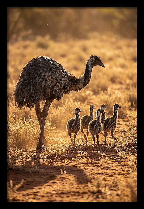 Emu With Chicks Walking Together