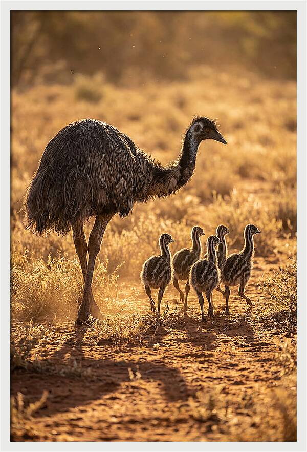Emu With Chicks Walking Together