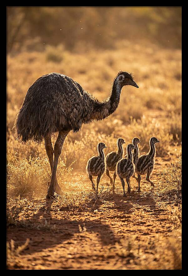 Emu With Chicks Walking Together