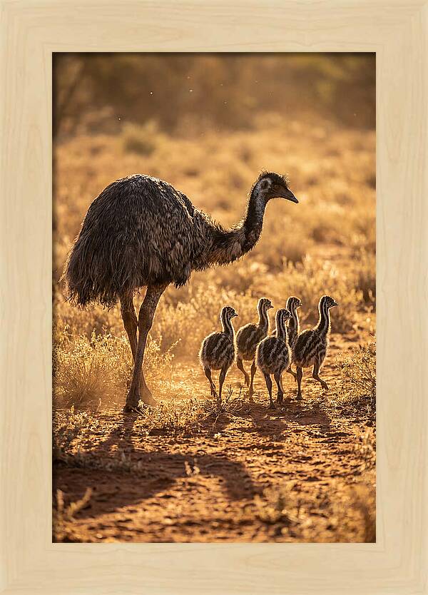 Emu With Chicks Walking Together