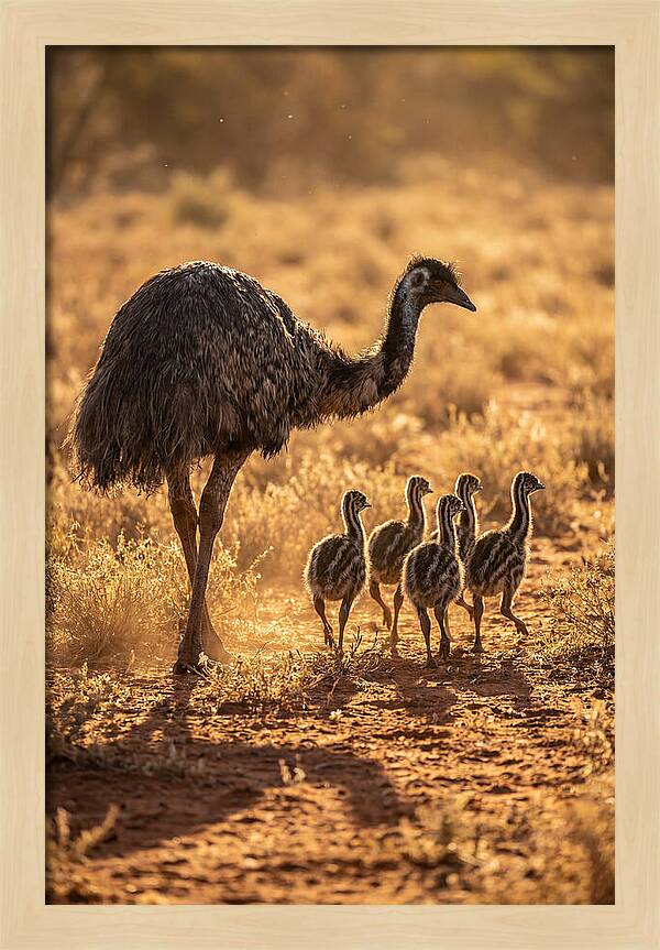 Emu With Chicks Walking Together
