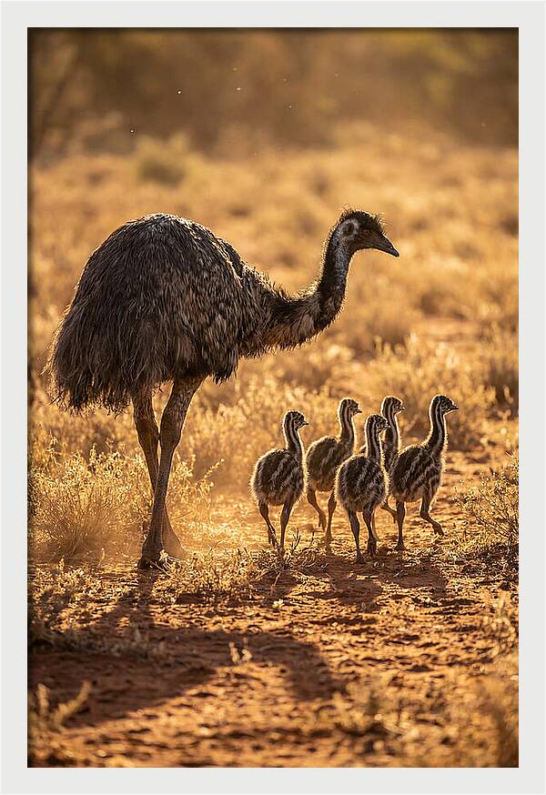 Emu With Chicks Walking Together