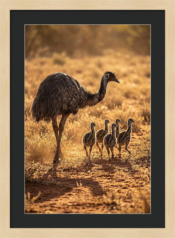 Emu With Chicks Walking Together