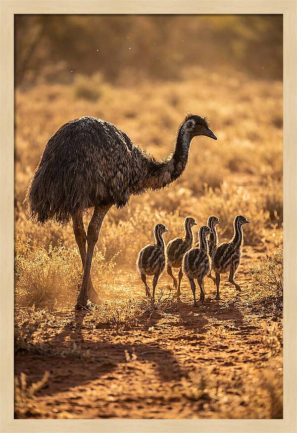 Emu With Chicks Walking Together
