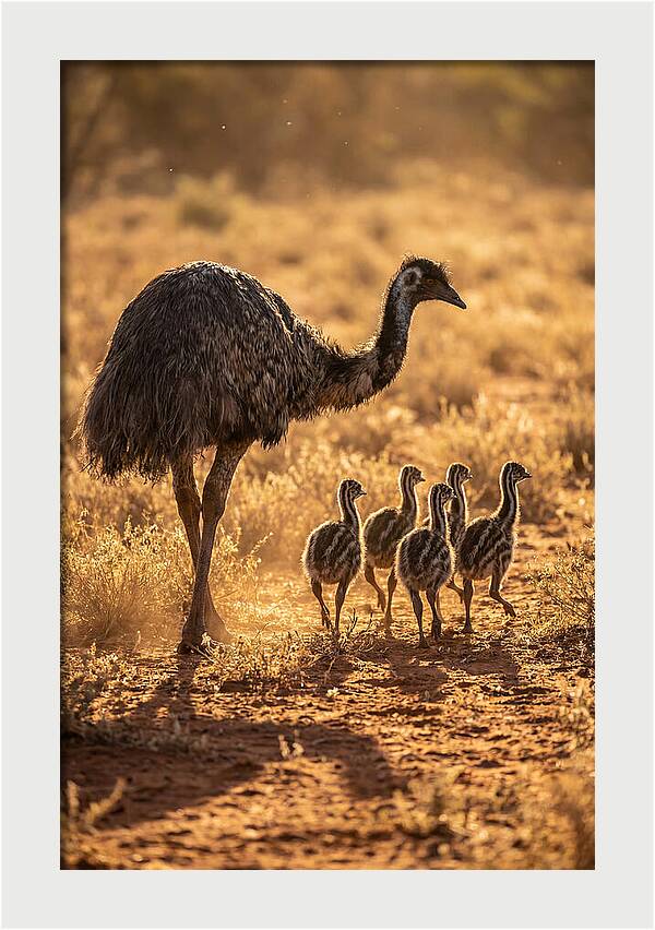 Emu With Chicks Walking Together