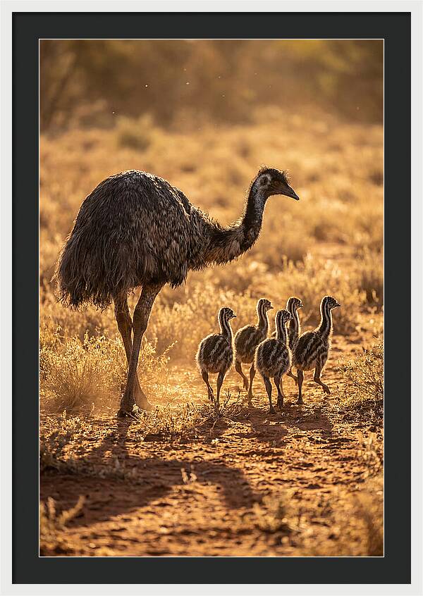 Emu With Chicks Walking Together