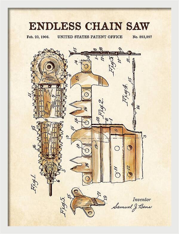 Endless Chain Saw Watercolor Patent Us893897a