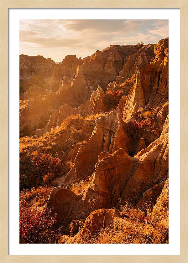 Eroded Mudstone Formations At Sunset
